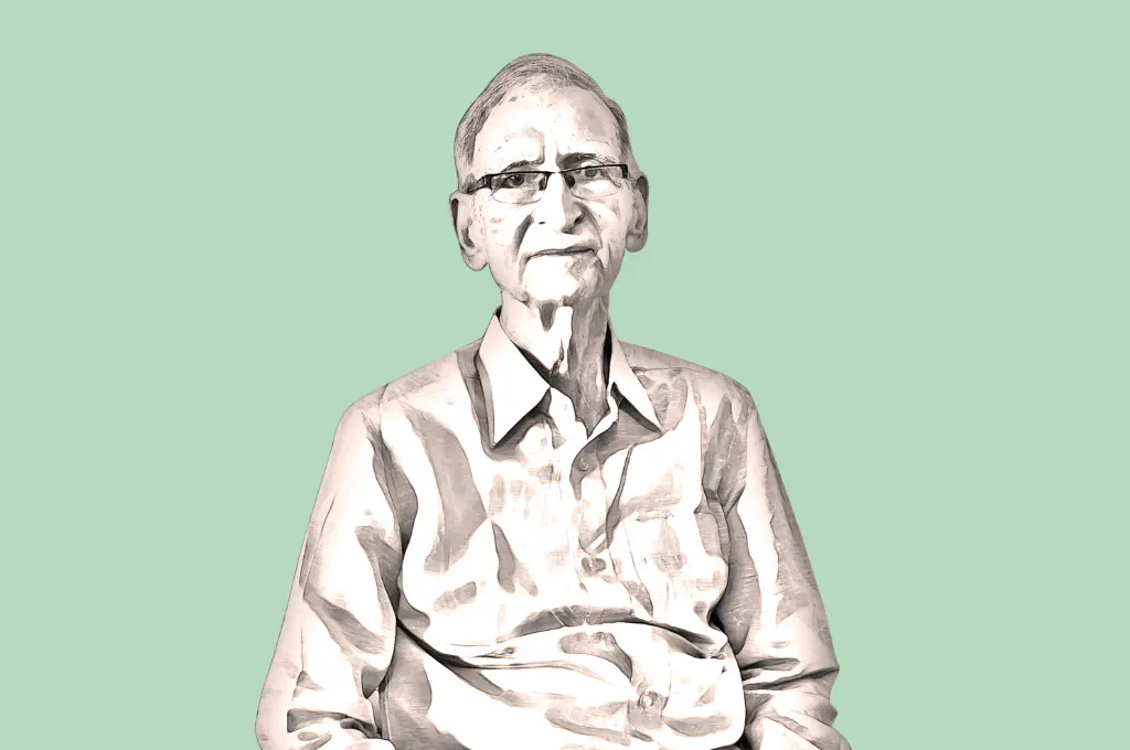 a digital portrait of Dr Ram Punyani against a pale green background--communalism in india