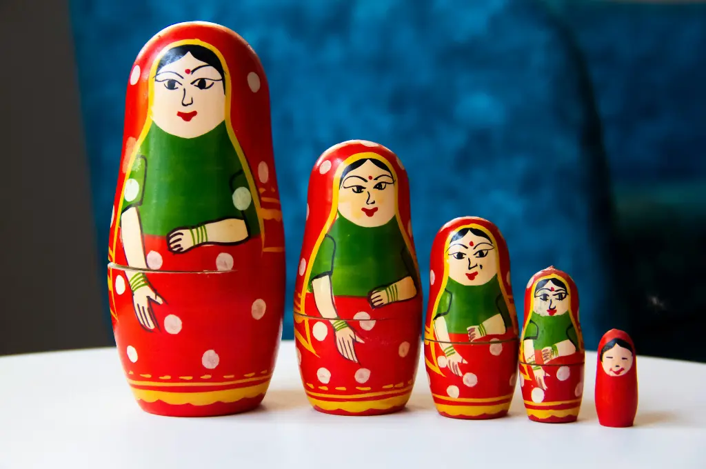 a set of five colourful traditional nesting dolls--finance function
