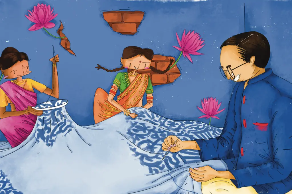 an illustration of dr br ambedkar painting a white sheet with two women--caste in mental health