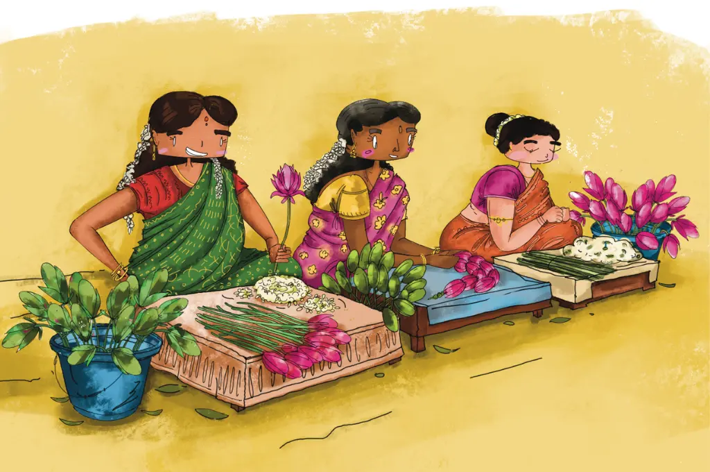 an illustration showing three women selling flowers against a bright yellow background--caste in mental health
