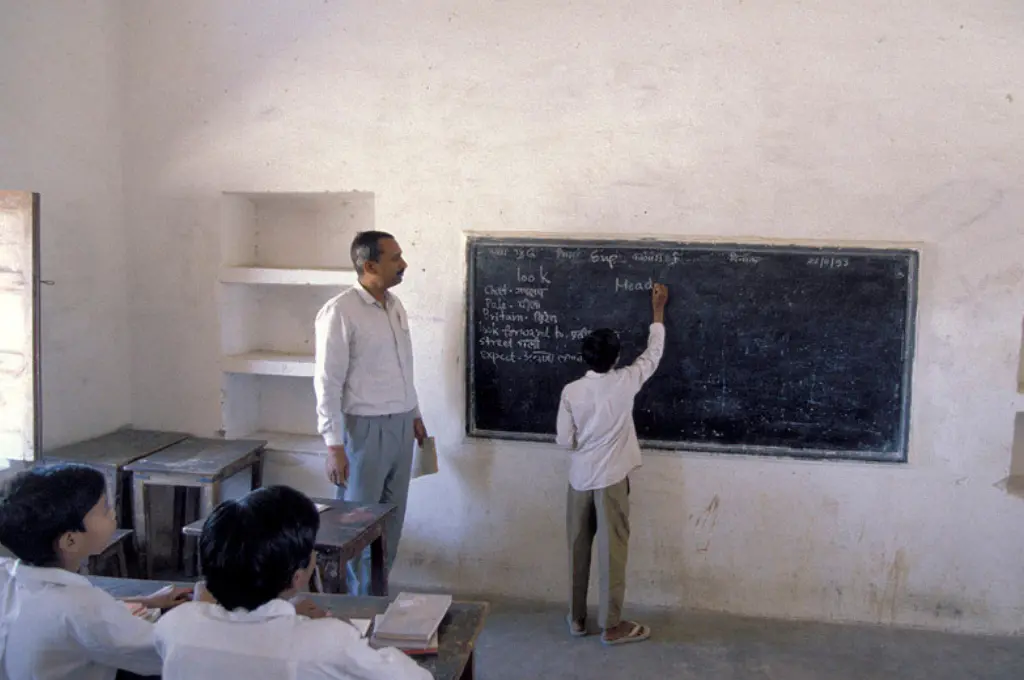 a teacher looks on as a student writes on the blackboard--social and emotional learning