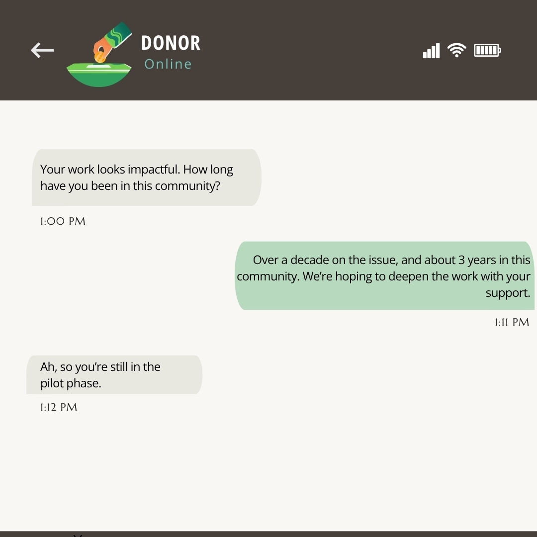 a fictitious text exchange between a nonprofit and a donor where the donor is asking the nonprofit how long it has been working in a community--nonprofit humour