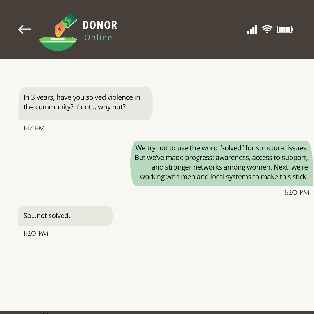 a fictitious text message exchange between a nonprofit and a donor, with the donor asking if the issues that the nonprofit has been working on have been solved--nonprofit humour
