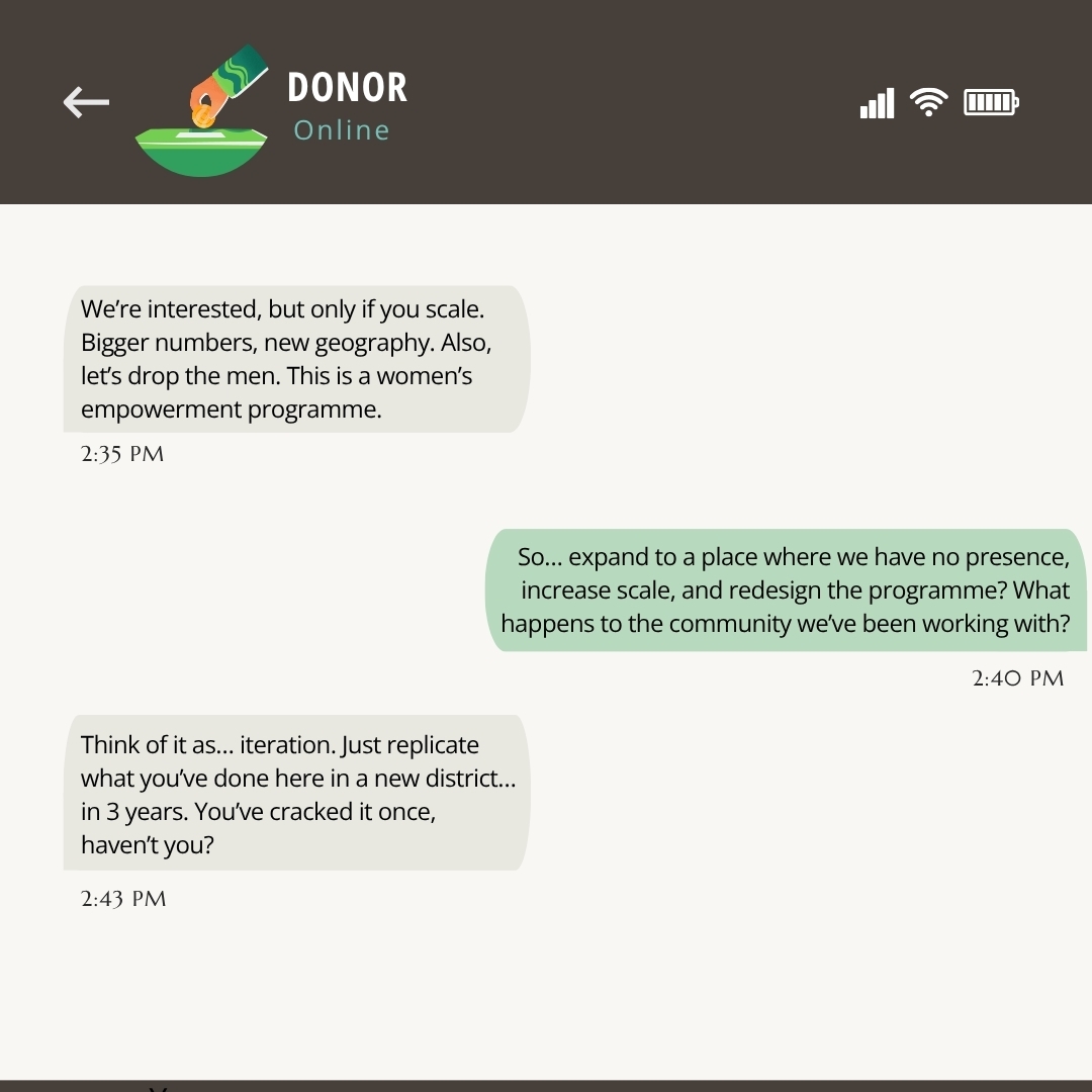 a fictitious text conversation between a nonprofit and a donor, where the donor is asking the nonprofit to consider scaling their programme--nonprofit humour