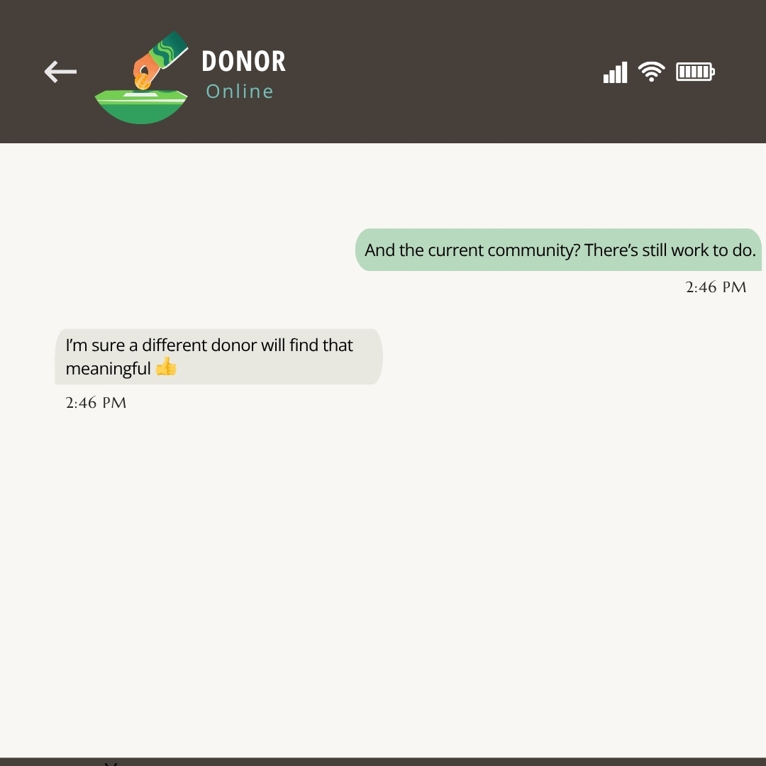 a fictitious text conversation between a nonprofit and a donor, with the donor indicating that they cannot fund the nonprofit for their programme as it currently is--nonprofit humour