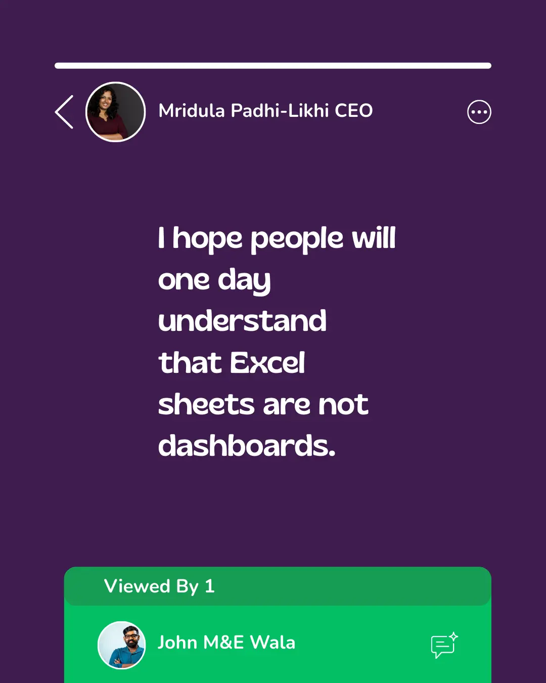 WhatsApp status by 'Mridula Padhi-Likhi CEO' that reads, "I hope people will one day understand that Excel sheets are not dashboards"; the sole viewer is 'John M&E Wala'--nonprofit humour