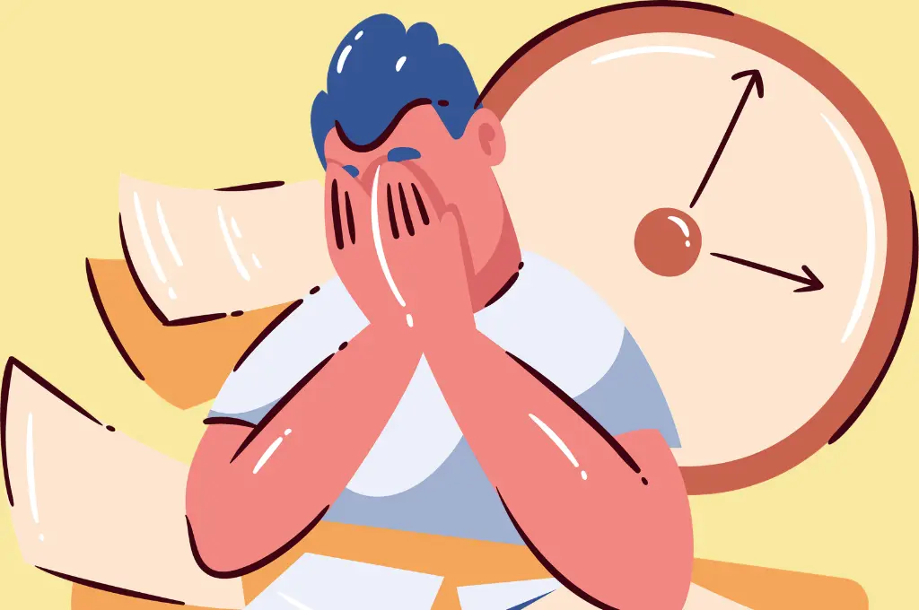 a digital illustration of a person putting their face in their hands with a clock in the background---nonprofit humour