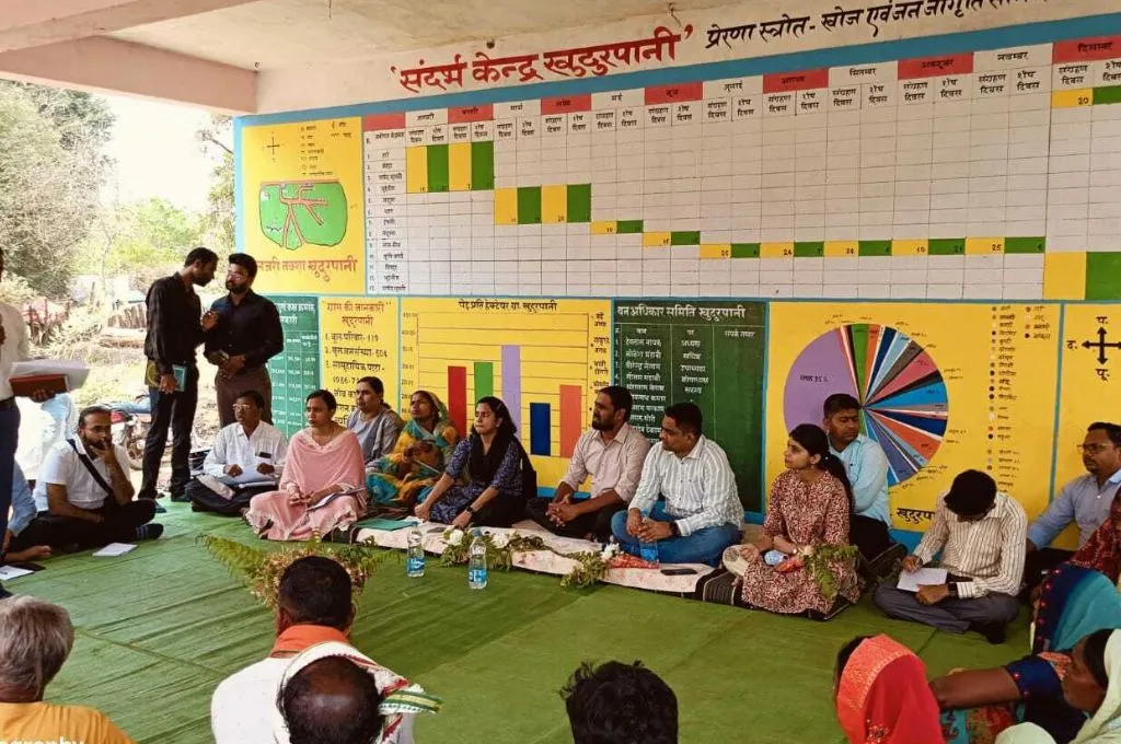 a group of people sitting in a circle on a floor with the words "Sandarbh Kendra Khudurpani" painted in Devnagri on a wall in the background--non timber forest products