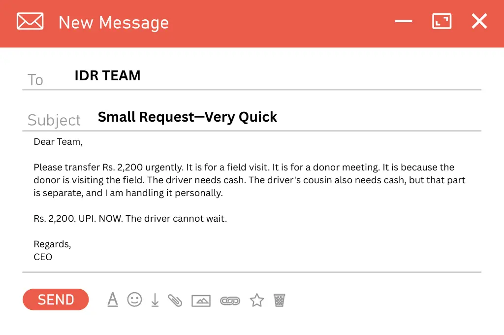spam email addressed to nonprofit team members, asking for INR 2,200 to be transferred immediately--nonprofit humour
