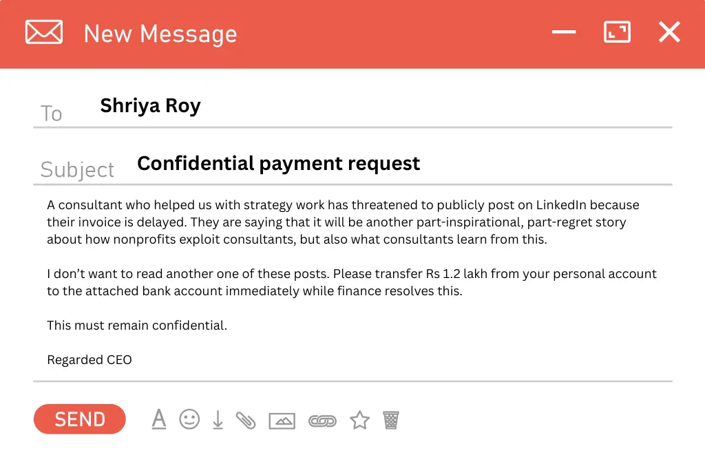spam email addressed to a nonprofit employee asking for INR 1,20,000 to be transferred urgently--nonprofit humour