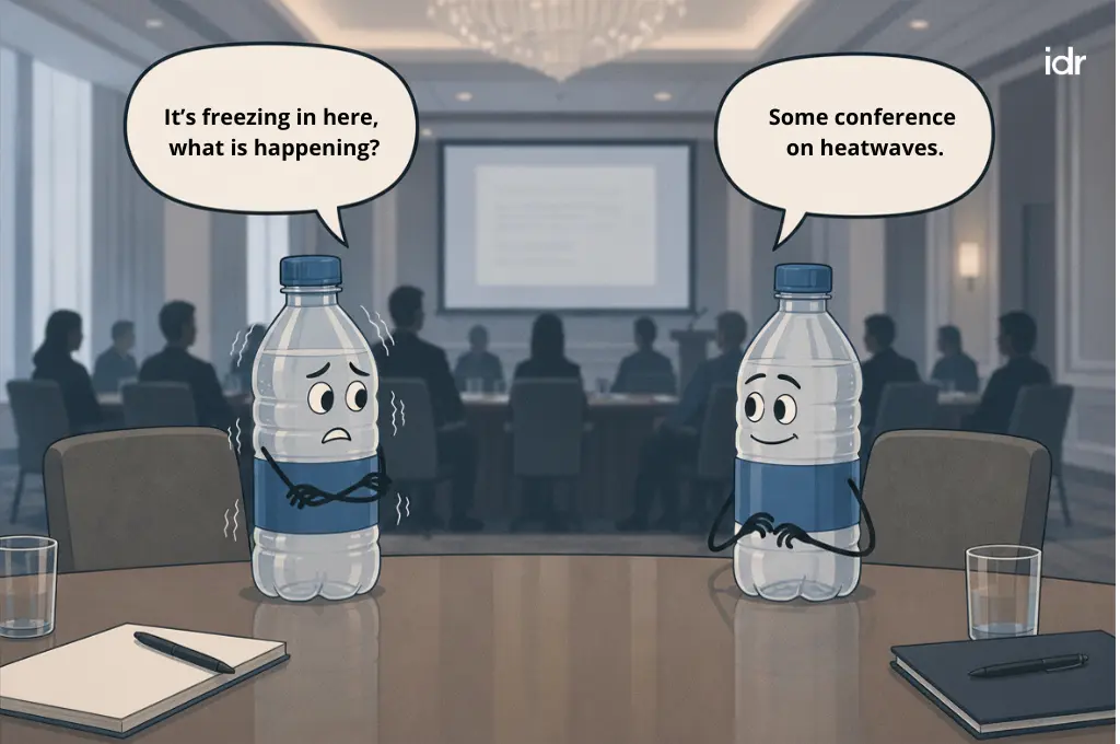 a digital illustration of two plastic bottles on a table in a conference venue talking to each other--nonprofit humour