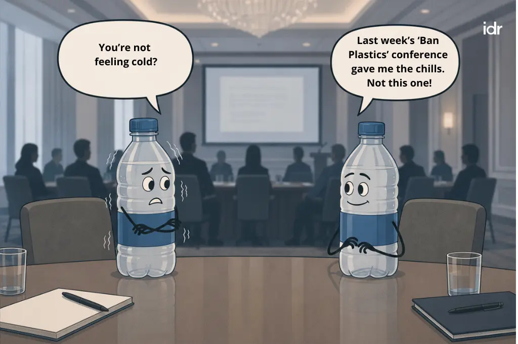 two plastic bottles in a conference venue talking to each other, with one asking the other if it's not feeling cold; the other responds, "Last week&rsquo;s &lsquo;Ban Plastics&rsquo; conference gave me the chills. Not this one!"--nonprofit humour