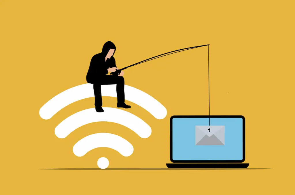 an illustration of a figure dressed all in black and holding a fishing rod aimed at a laptop--nonprofit humour