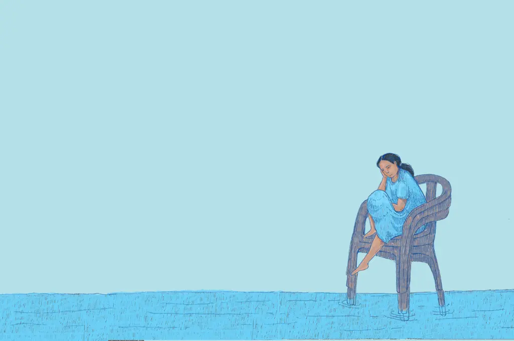 an illustration of a woman clad in blue sitting on a plastic chair on a flooded floor, against a blue background--tidal flooding