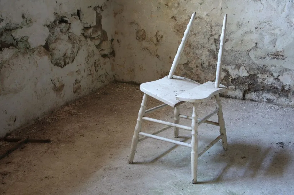 A broken white wooden chair sits alone in the corner of a bare, decaying room with cracked, stained walls and a dusty concrete floor--well-being data
