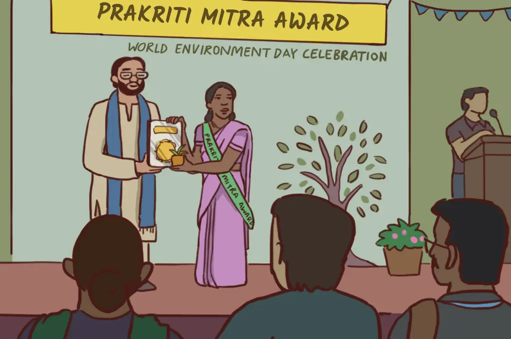 an illustration of a woman accepting a "Prakriti Mitra Award" on World Environment Day--nonprofit humour