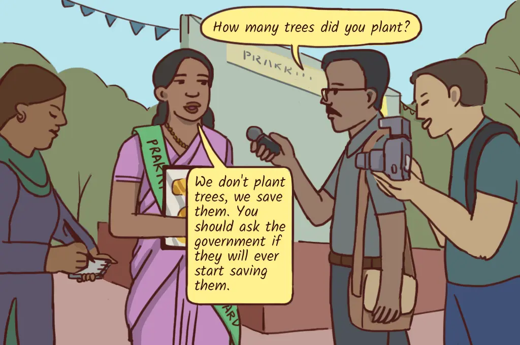 a comic showing a conversation between a man and a recipient of a "Prakriti Mitra Award" on planting and saving trees--nonprofit humour