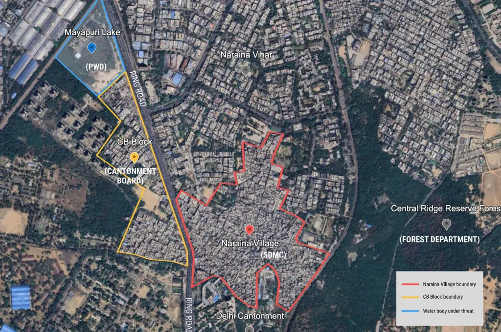 satellite image of Delhi, with one area highlighted with a red border--urban villages in Delhi
