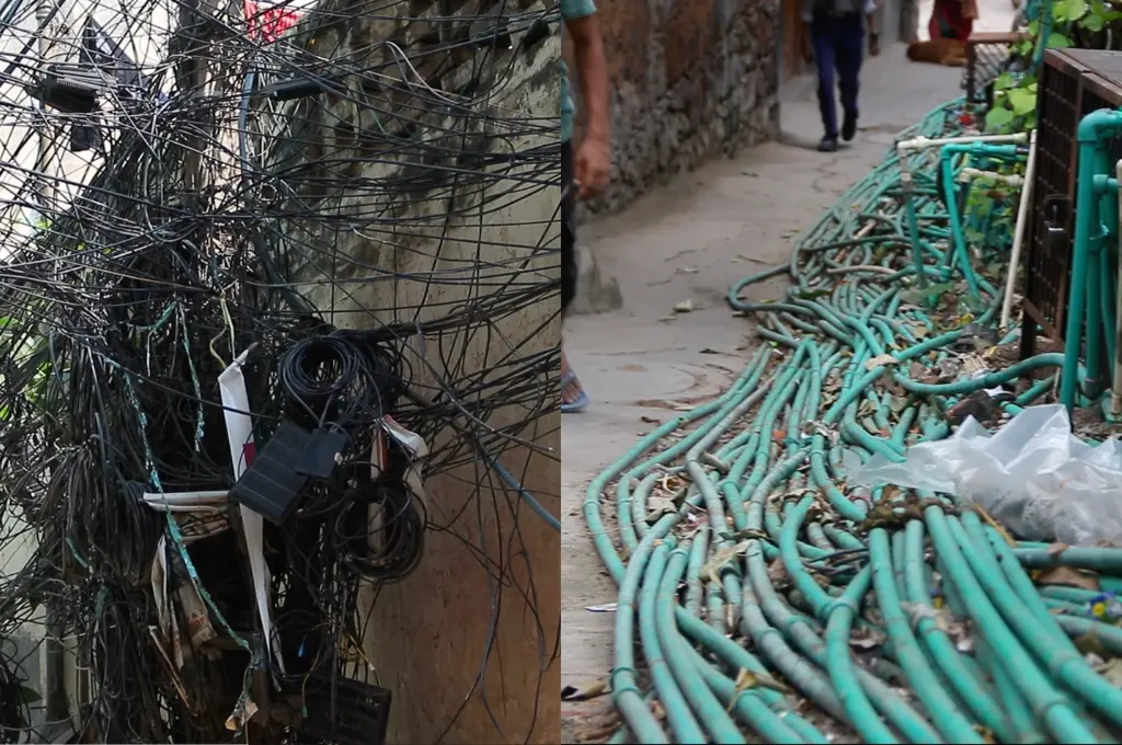 a collage of two photos, one is of tangled electric cables and the other is of green-coloured water supply pipes--urban villages in Delhi