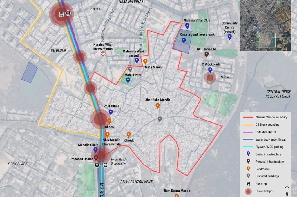 a zoomed in map of Naraina village--urban villages in Delhi