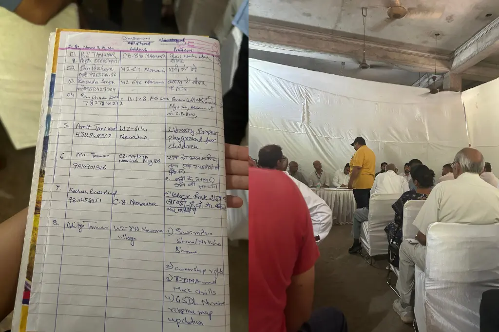 a collage of two photos, one of a long notebook bearing names, addresses, and issues raised during a public hearing; the other is of the public hearing underway--urban villages in Delhi