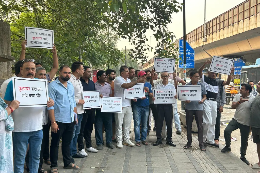 a group of men holding placards protesting against garbage dumping on the footpath next to a flyover--urban villages in Delhi