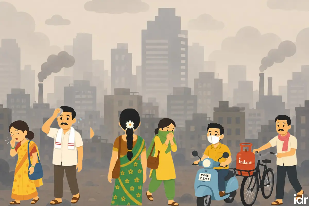 a digital illustration of different characters in a polluted indian city--nonprofit humour