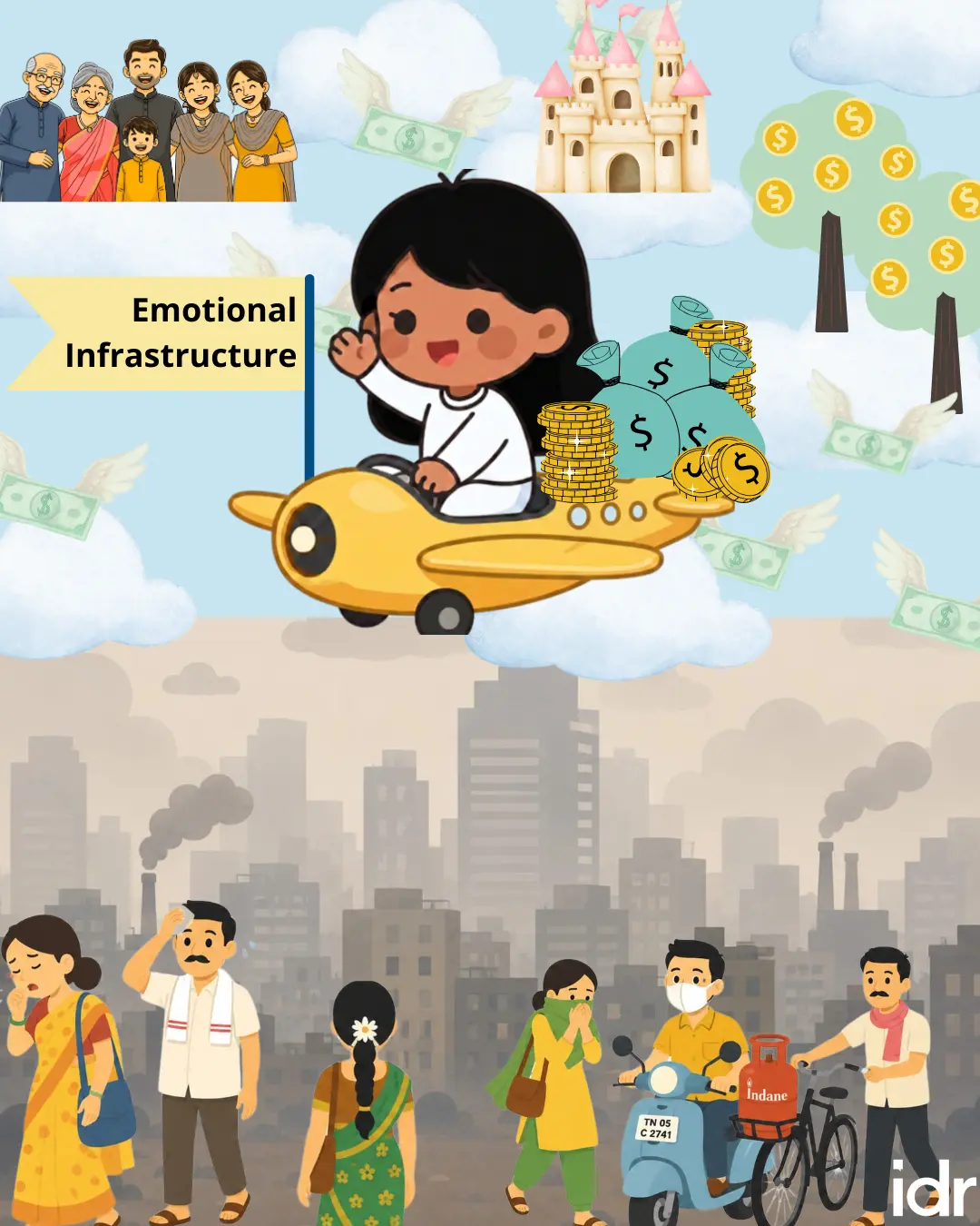 a digital illustration of a girl flying in a plane full of money with an "emotional infrastructure" flag; the plane is flying over a polluted indian city where many people have covered their mouths and noses--nonprofit humour