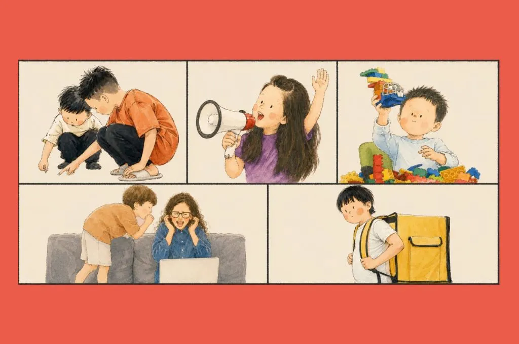 a collage of five illustrations of children doing a variety of activities, including speaking into a megaphone, yelling playfully at an adult as they cover their ears, playing with building blocks, and carrying a big bag.--nonprofit humour