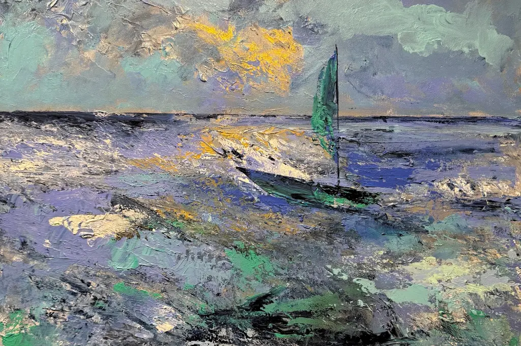 a painting of a boat in choppy waters--disability