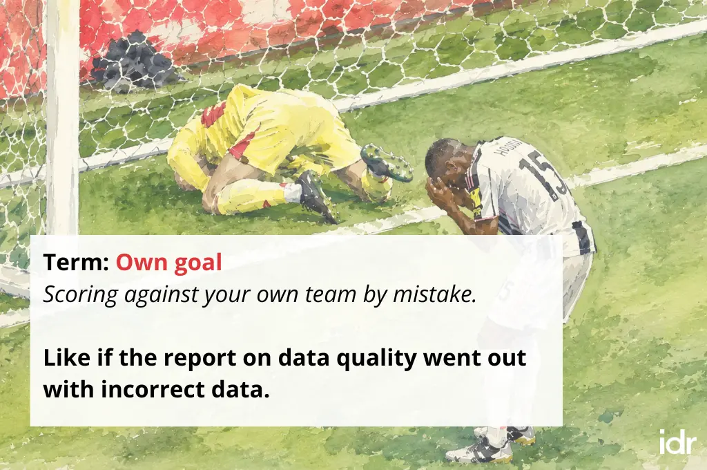 an illustration depicting an own goal in football superimposed with a humorous definition intended for the nonprofit sector--nonprofit humour