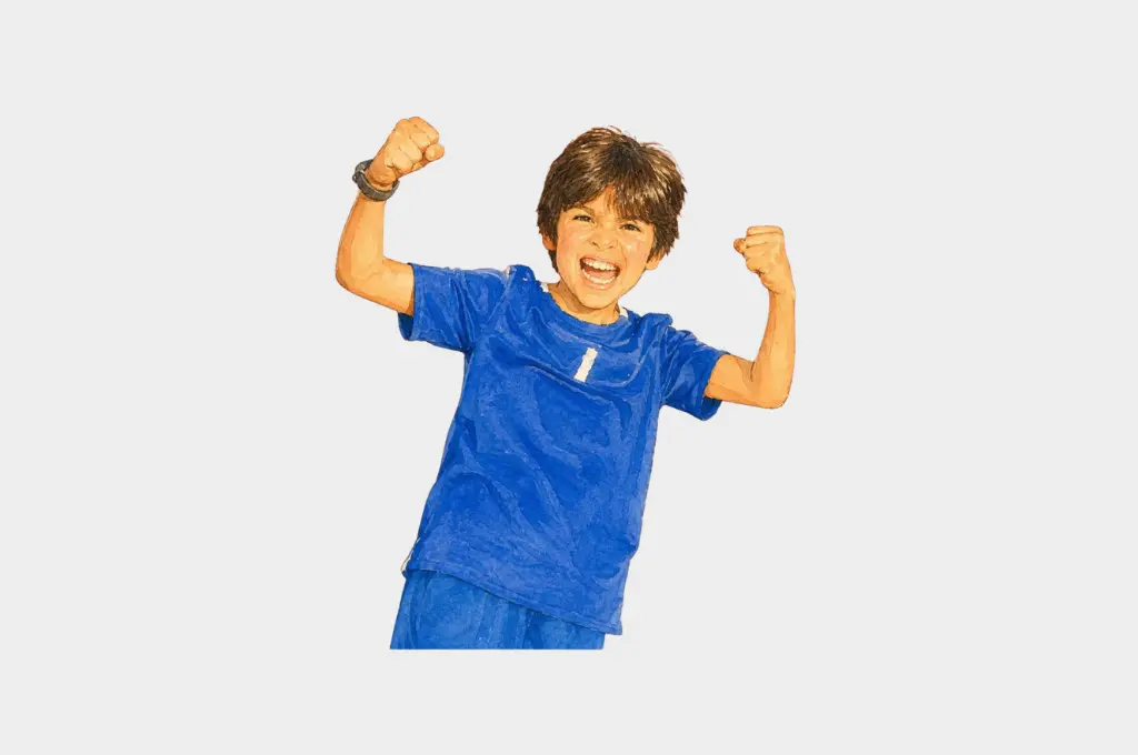a young boy in a blue t-shirt with both arms raised and fists clenched; he appears to be shouting enthusiastically--nonprofit humour