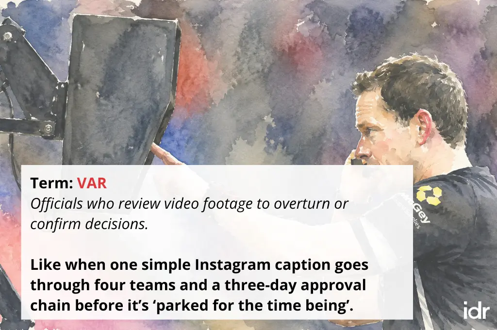 an illustration depicting 'VAR' in football superimposed with a humorous definition intended for the nonprofit sector--nonprofit humour