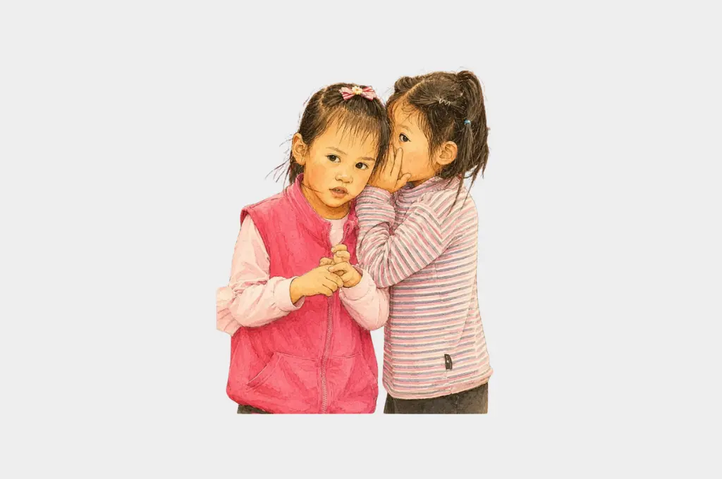two young girls standing close together with one whispering in the other's ear--nonprofit humour