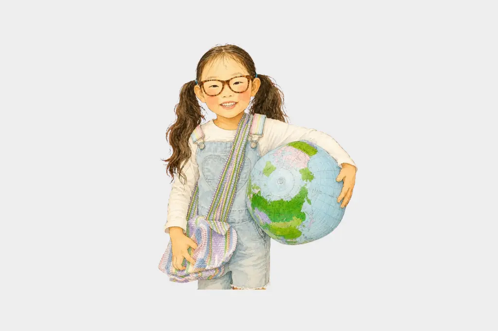 a young bespectacled girl wearing a crossbody bag holding a large globe under one arm--nonprofit humour