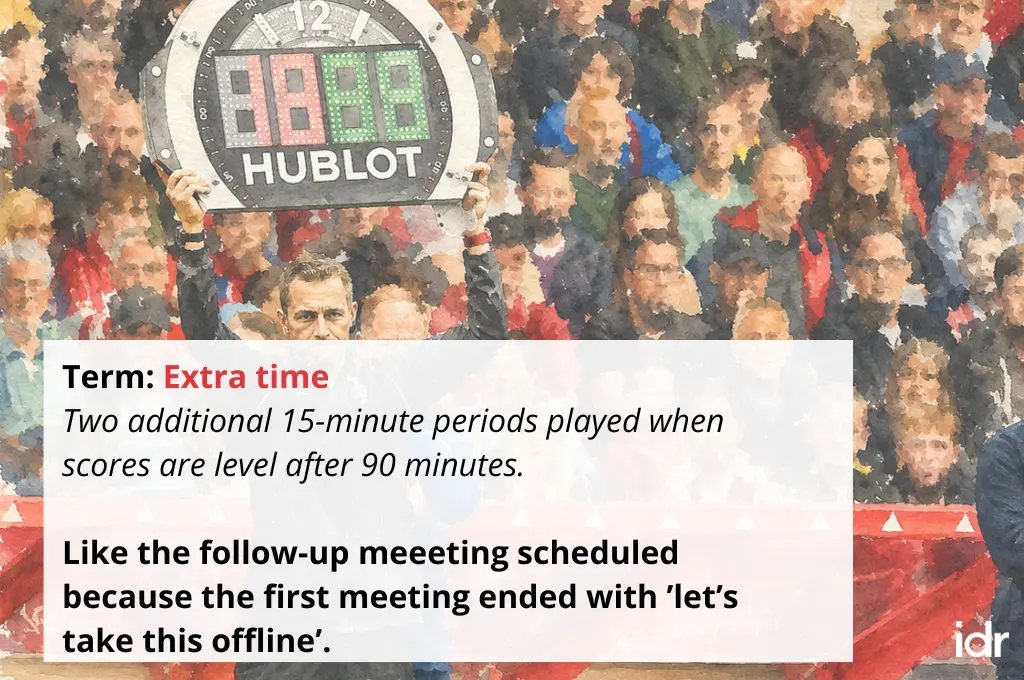 an illustration of a football match official holding up an extra time board with a humorous definition of 'extra time' intended for the nonprofit sector superimposed on it--nonprofit humour