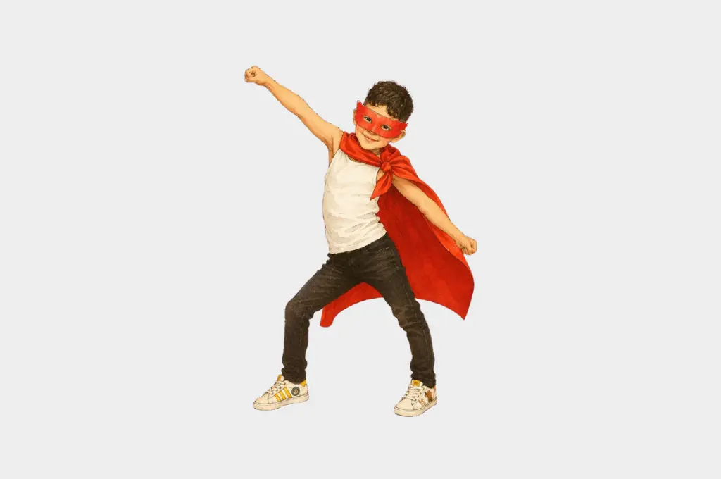 a young boy posing in a red cape and red eye mask--nonprofit humour