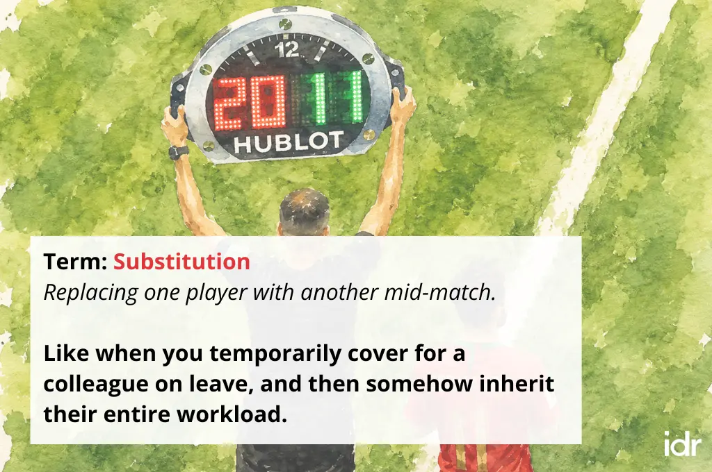 an illustration of a football match official holding up the substitution board superimposed with a humorous definition of 'extra time' intended for the nonprofit sector--nonprofit humour