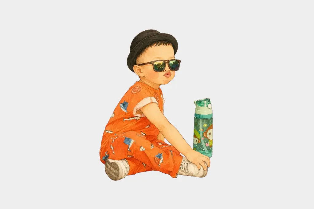 a young child wearing dark sunglasses, a black hat, and orange pyajamas with a sipper next to them--nonprofit humour