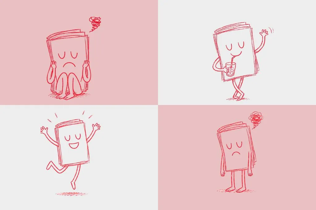 The image features four individual comics of a stack of papers with a face and hands. In two of the comic panels, the papers look sad and disappointed. In the third one, the papers look happy with their arms raised. In the fourth and last panel, the papers are drinking from a glass filled with ice cubes, looking happy._nonprofit humour