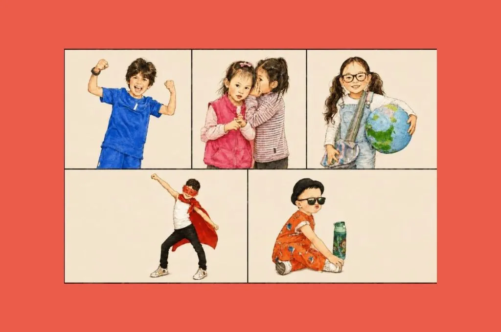 a collage of five illustrations of children doing various things. Two children are raising their arms in triumphant poses, a girl is whispering in the ear of another girl, a young girl is standing and holding a globe under her arm, and a young boy sitting on the floor with a bottle of water placed next to him.--nonprofit humour