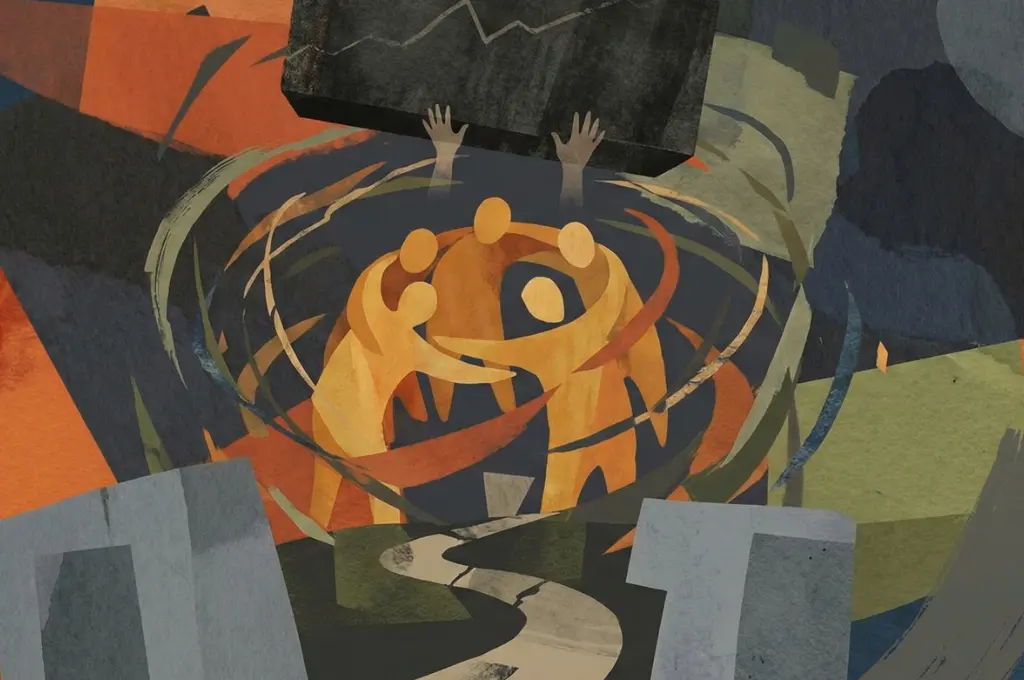 an abstract illustration showing four figures standing in a circle with their arms around one another's shoulders--workplace safety