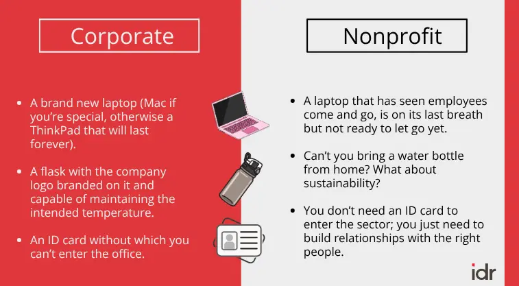 a table comparing the induction process at a corporate versus at nonprofit, with illustrations of a laptop, a flask, and an ID card--nonprofit humour