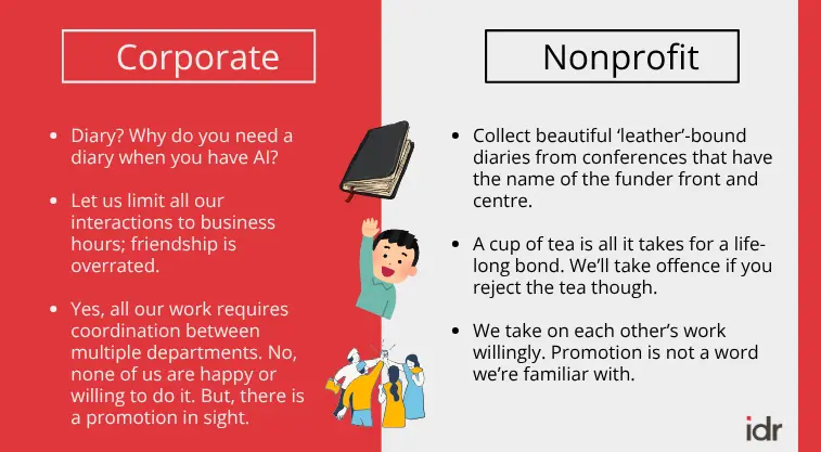 a table comparing the induction process at a corporate versus at nonprofit, with illustrations of a notebook, a boy raising his hand, and a group of people with their raised right hands joined together--nonprofit humour