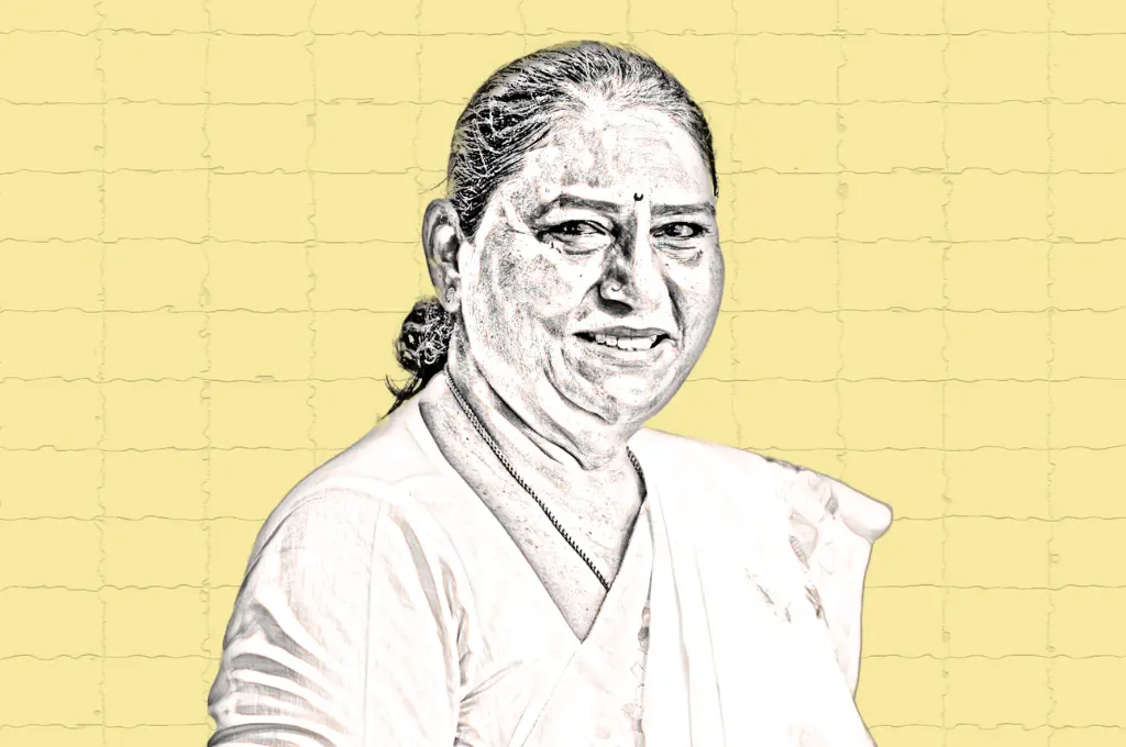illustrated portrait of activist A Revathi against yellow background--trans rights