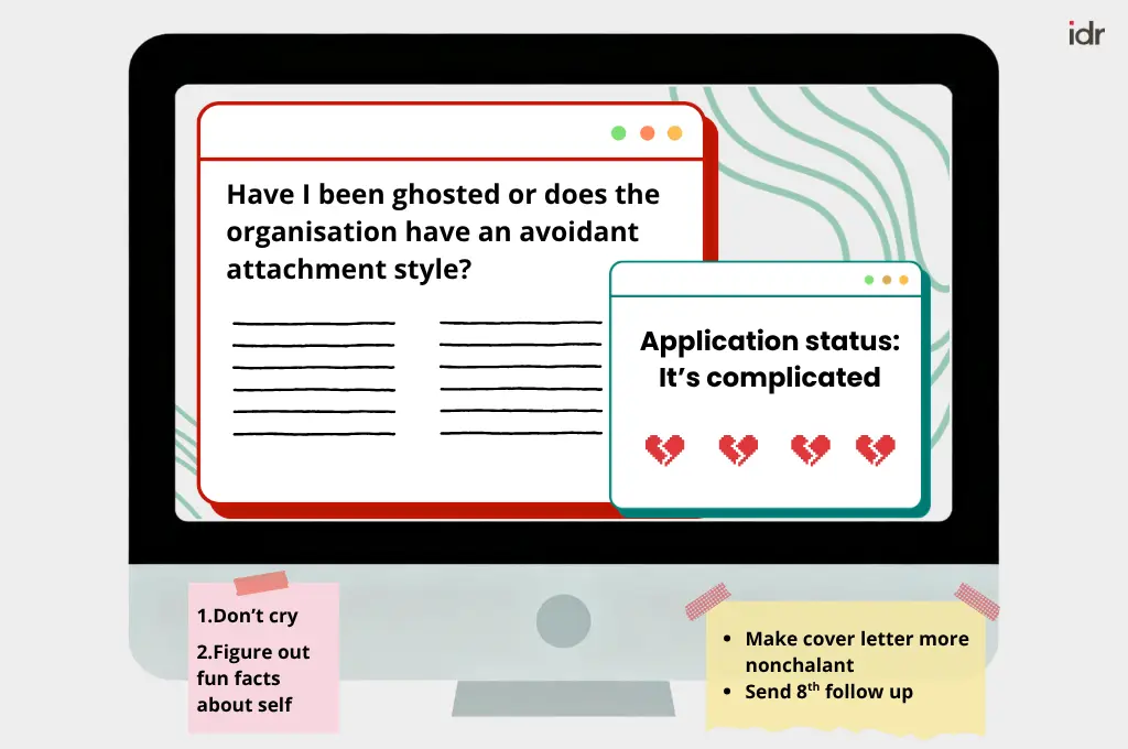 an illustration of a laptop screen with two windows open. One says "Have I been ghosted or does the organisation have an avoidant attachment style?" and the other says "Application status: It's complicated" There are also tw sticky notes stuck to the laptop with to-do lists that read "1.Don't cry 2. Figure out fun facts about self" and "-Make cover letter more nonchalant -Send 8th follow up"--nonprofit humour