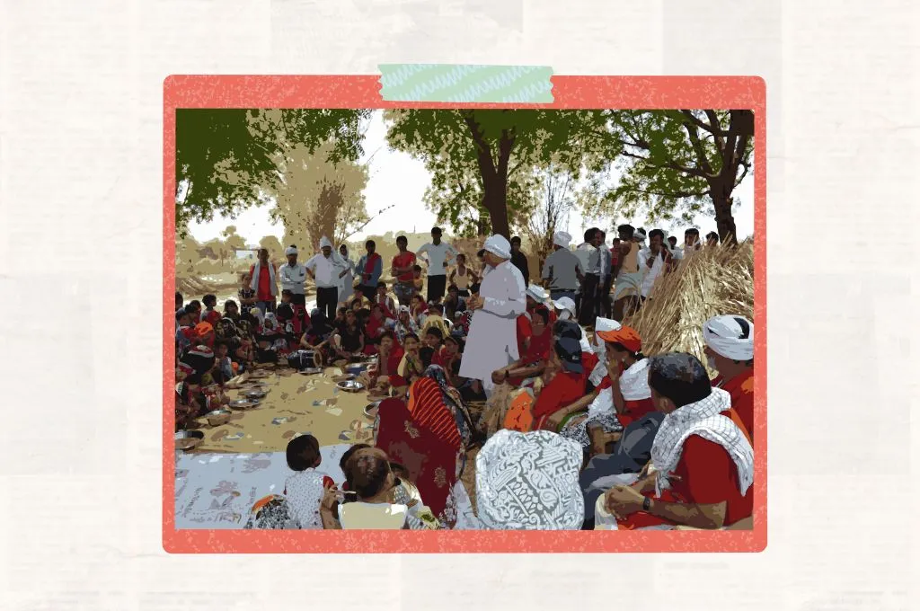 a village meeting underway in a grove of trees--nonprofit humour