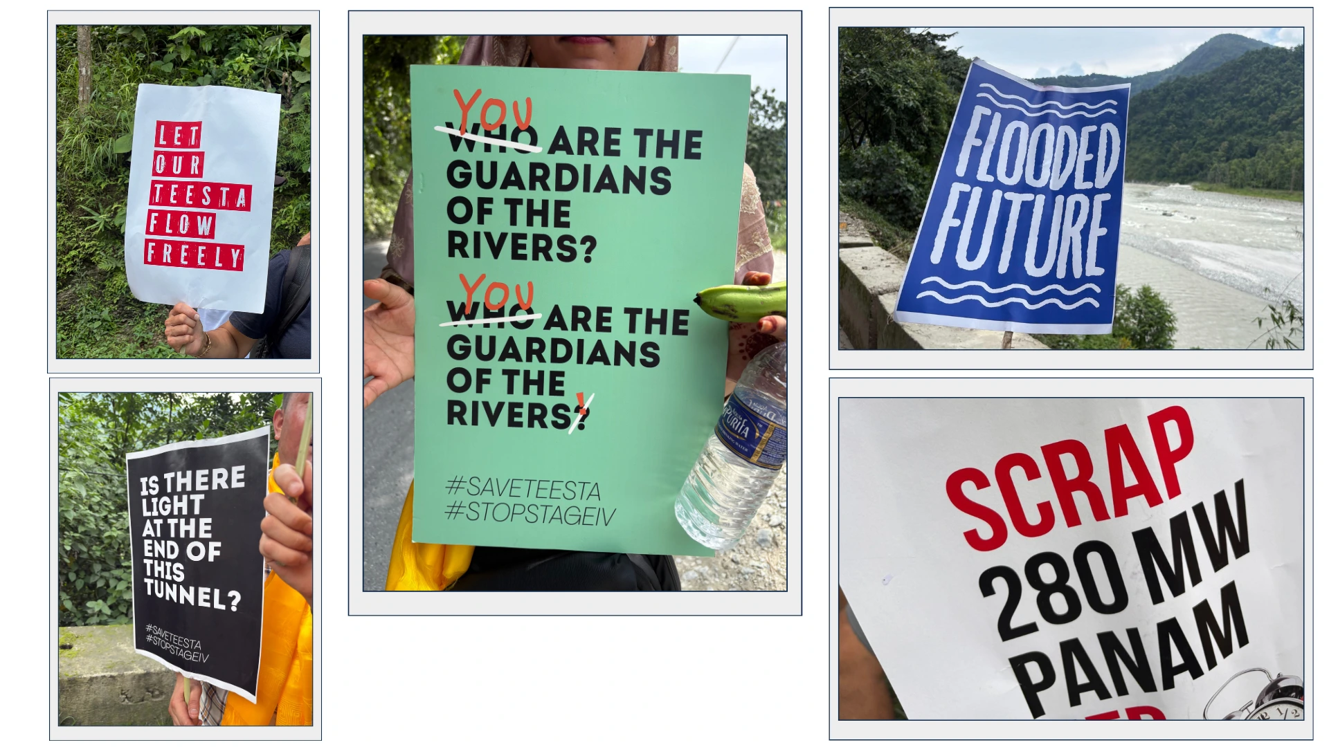 placards at a march to protest hydropower projects on the Teesta river--Teesta hydropower projects