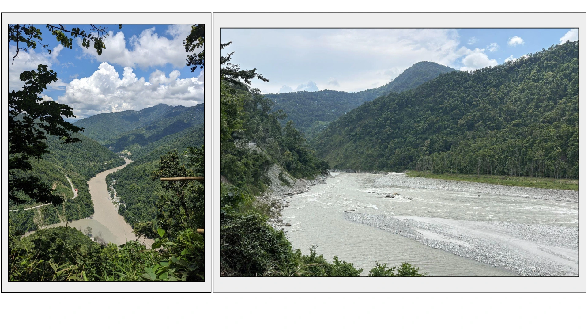 a collage of two images; the one on the left is of a smaller river tributary flowing through a wooded area and the one on the right is of a river, also flowing though a wooded area--Teesta hydropower projects