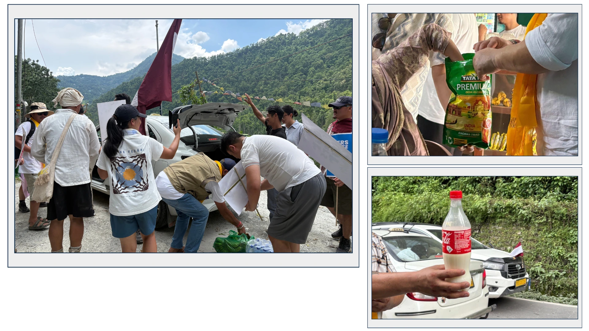 a collage of three images. (clockwise) The first image is of a group of people standing around a car; some are bending over boxes, while are some are standing carrying flags; the second is a closeup of a person's arm drawing something out of a large bag; the third is of a person offering milk in a Coca Cola PET bottle--Teesta hydropower projects